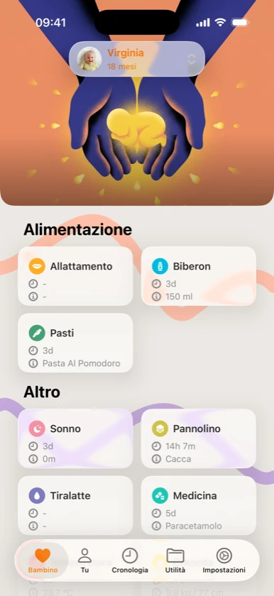 Tracciamento neonato — allattamento, sonno, pannolini e crescita