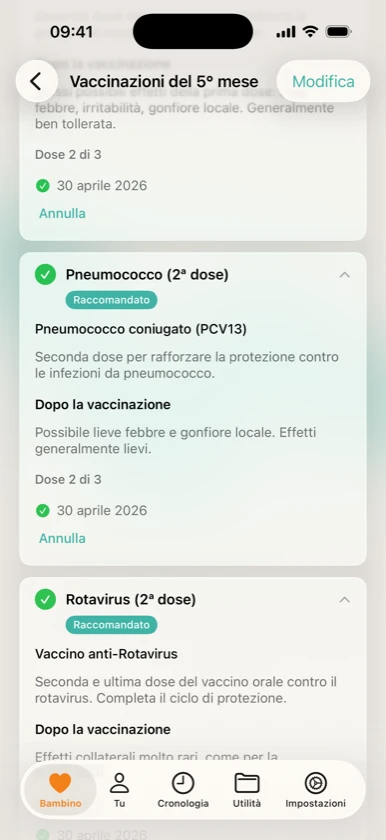 Ribbon Family — dettaglio vaccini con obbligatori e raccomandati