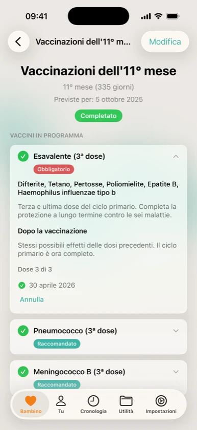 Ribbon Family — vaccinazioni completate con data, luogo e note
